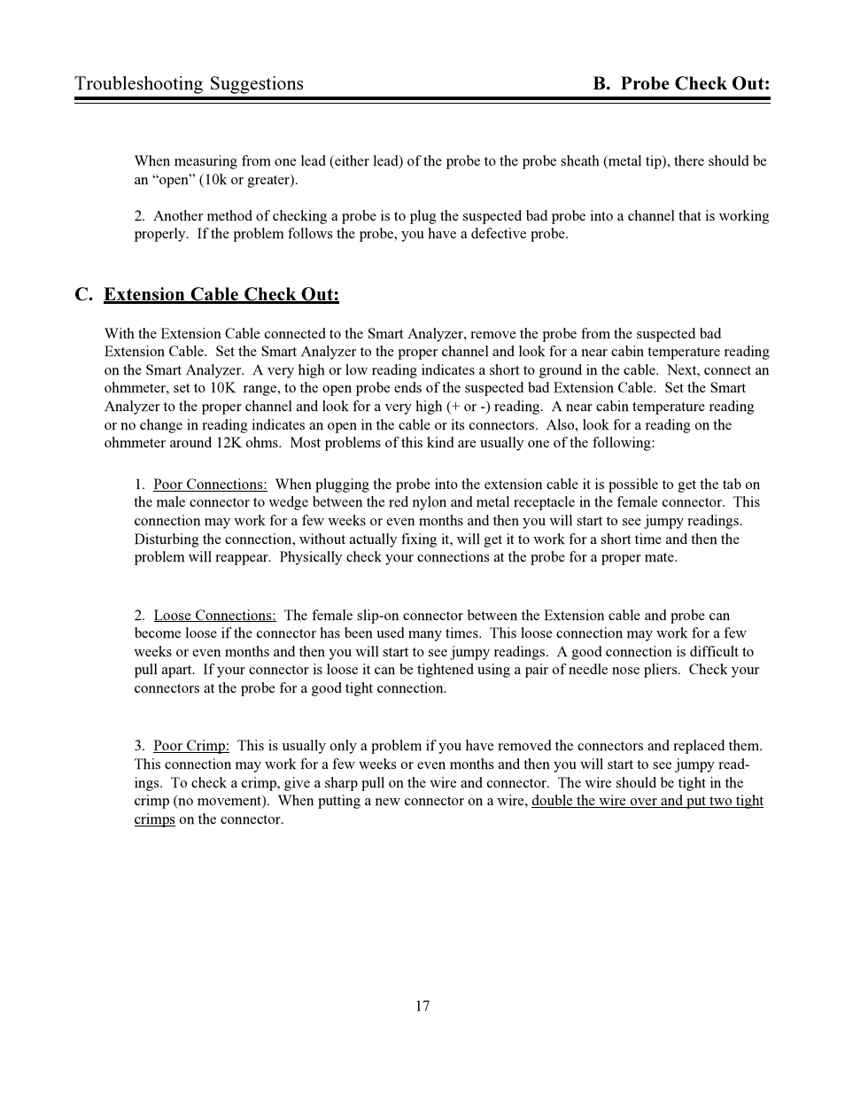 C. extension cable check out, Troubleshooting suggestions b. probe check out | Electronics International SR-8A User Manual | Page 20 / 25