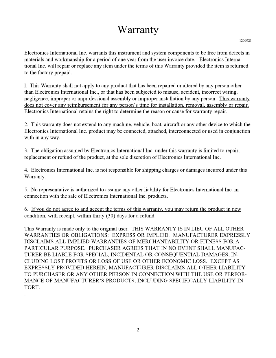 Warranty | Electronics International SR-8A User Manual | Page 4 / 25