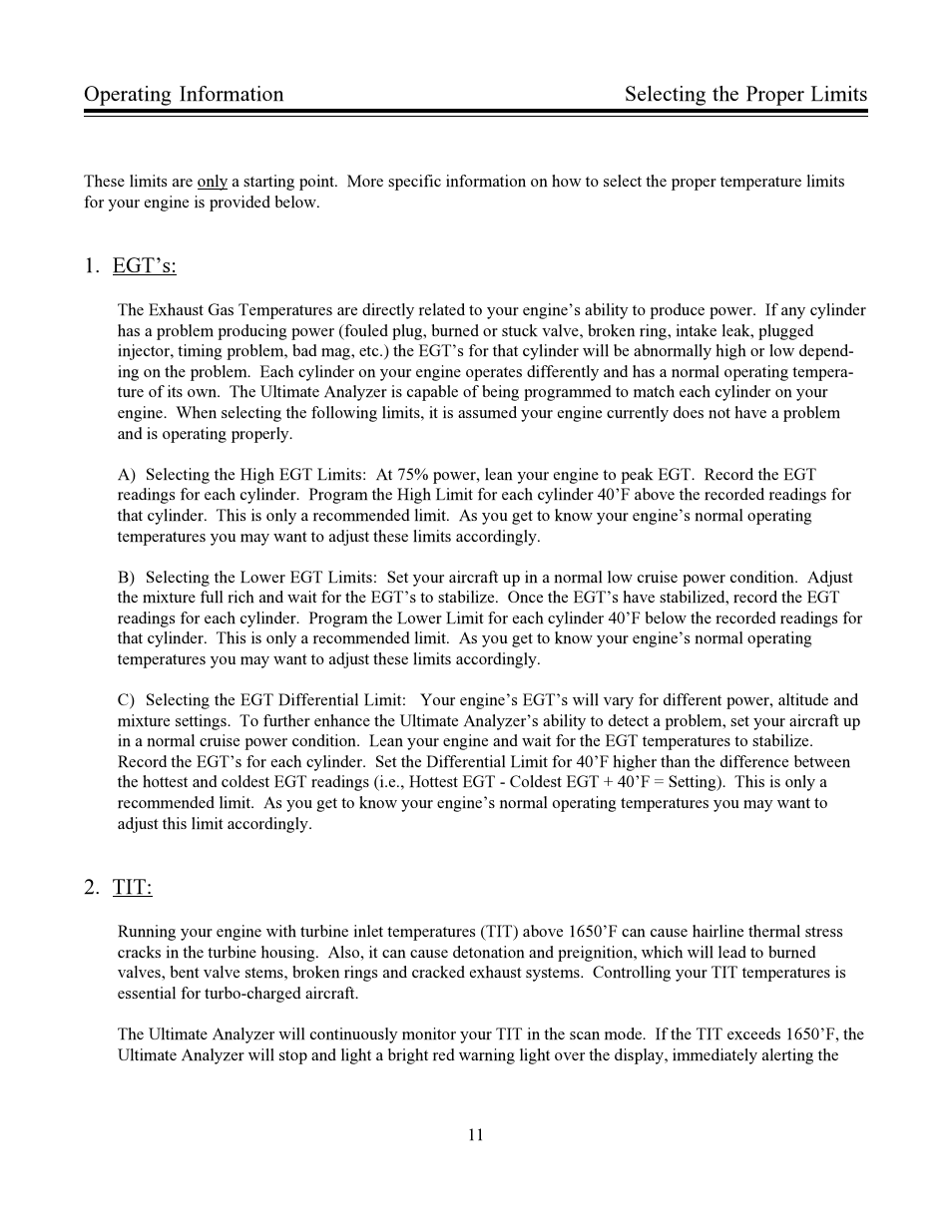 Egts, Selecting the proper limits operating information | Electronics International US-8A User Manual | Page 14 / 37