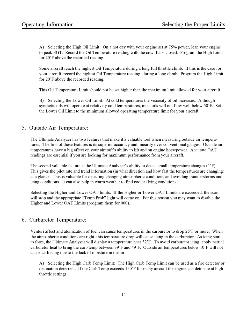 Operating information, Outside air temperature, Carburetor temperature | Selecting the proper limits | Electronics International US-8A User Manual | Page 17 / 37