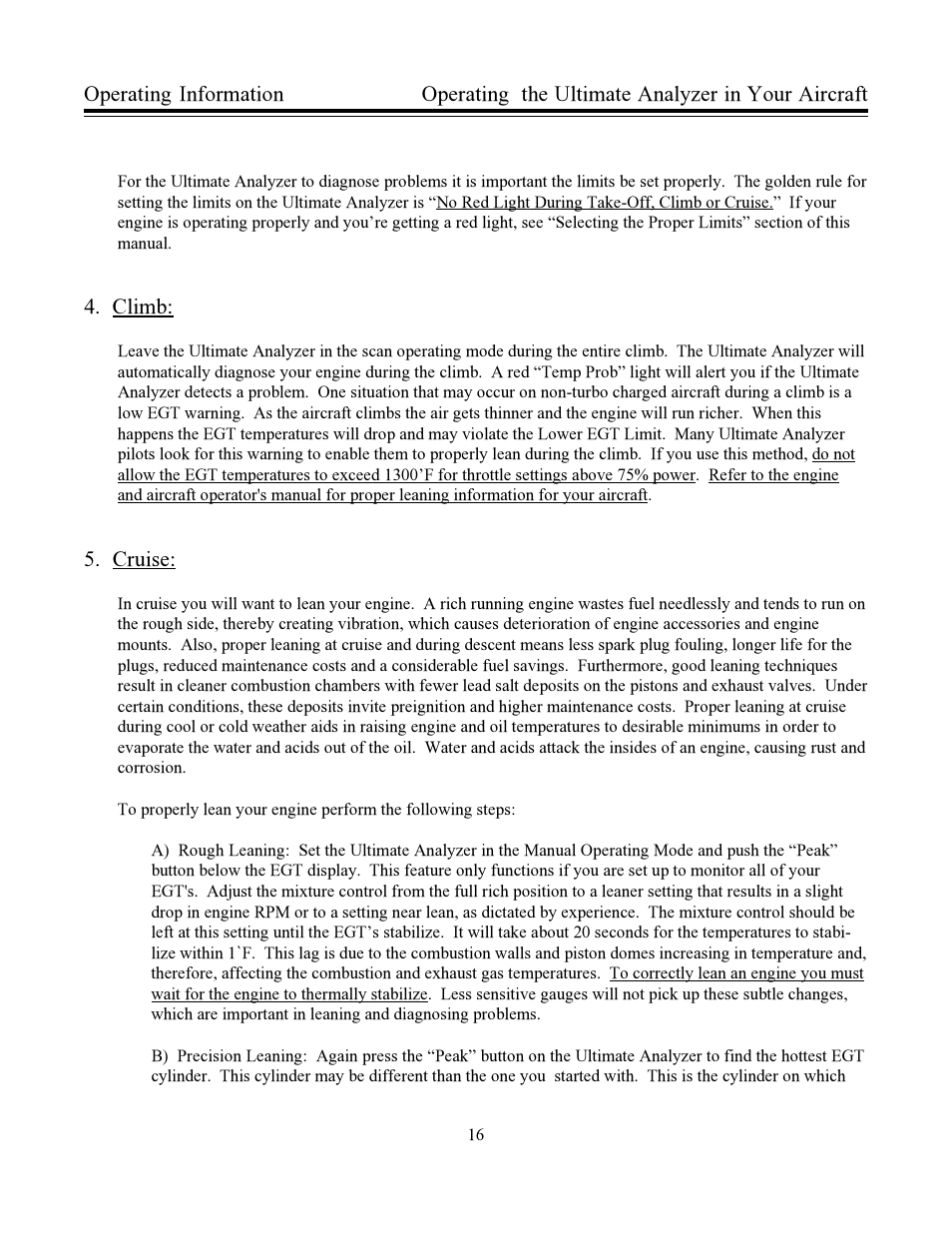 Operating information, Climb, Cruise | Operating the ultimate analyzer in your aircraft | Electronics International US-8A User Manual | Page 19 / 37