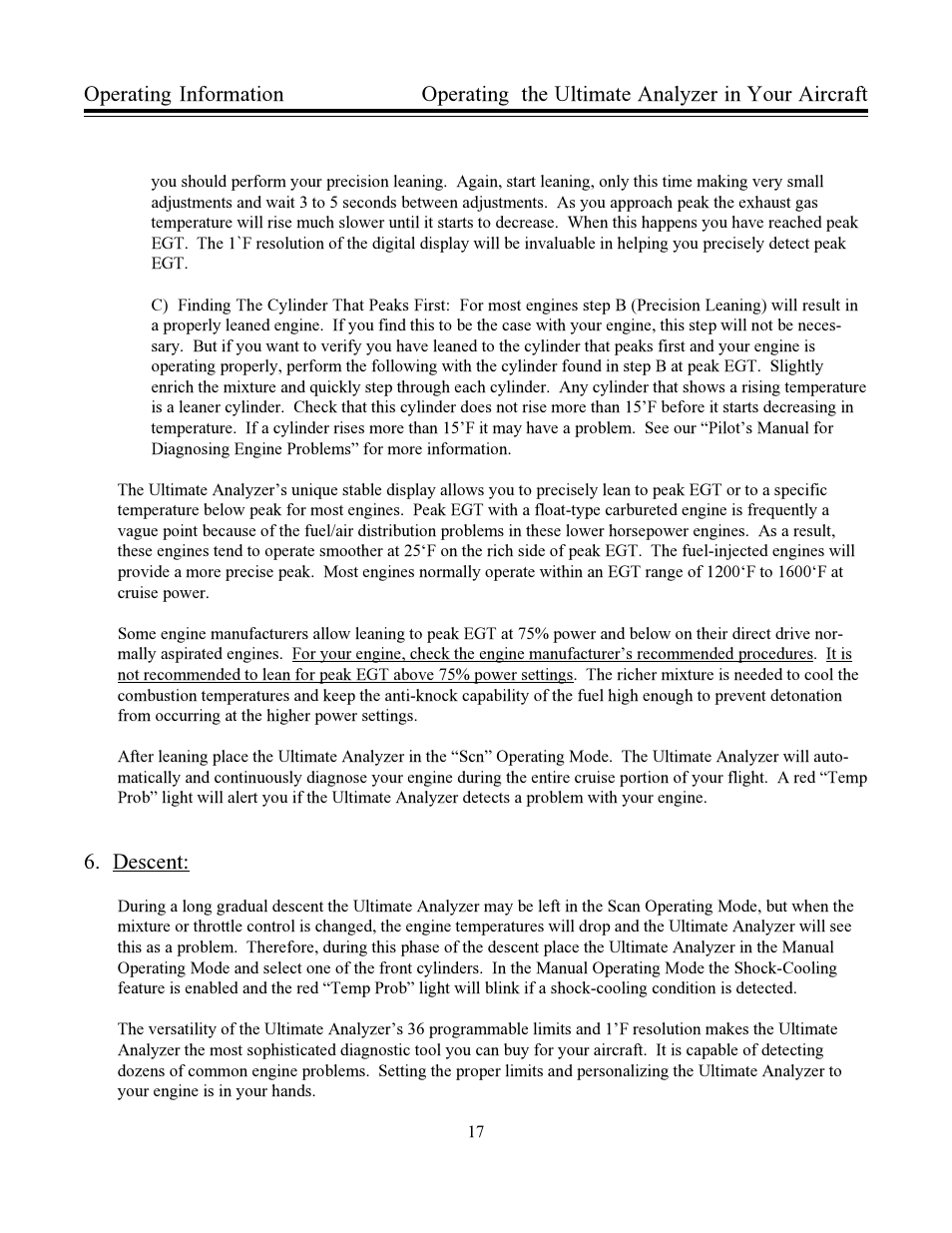 Operating information, Descent, Operating the ultimate analyzer in your aircraft | Electronics International US-8A User Manual | Page 20 / 37