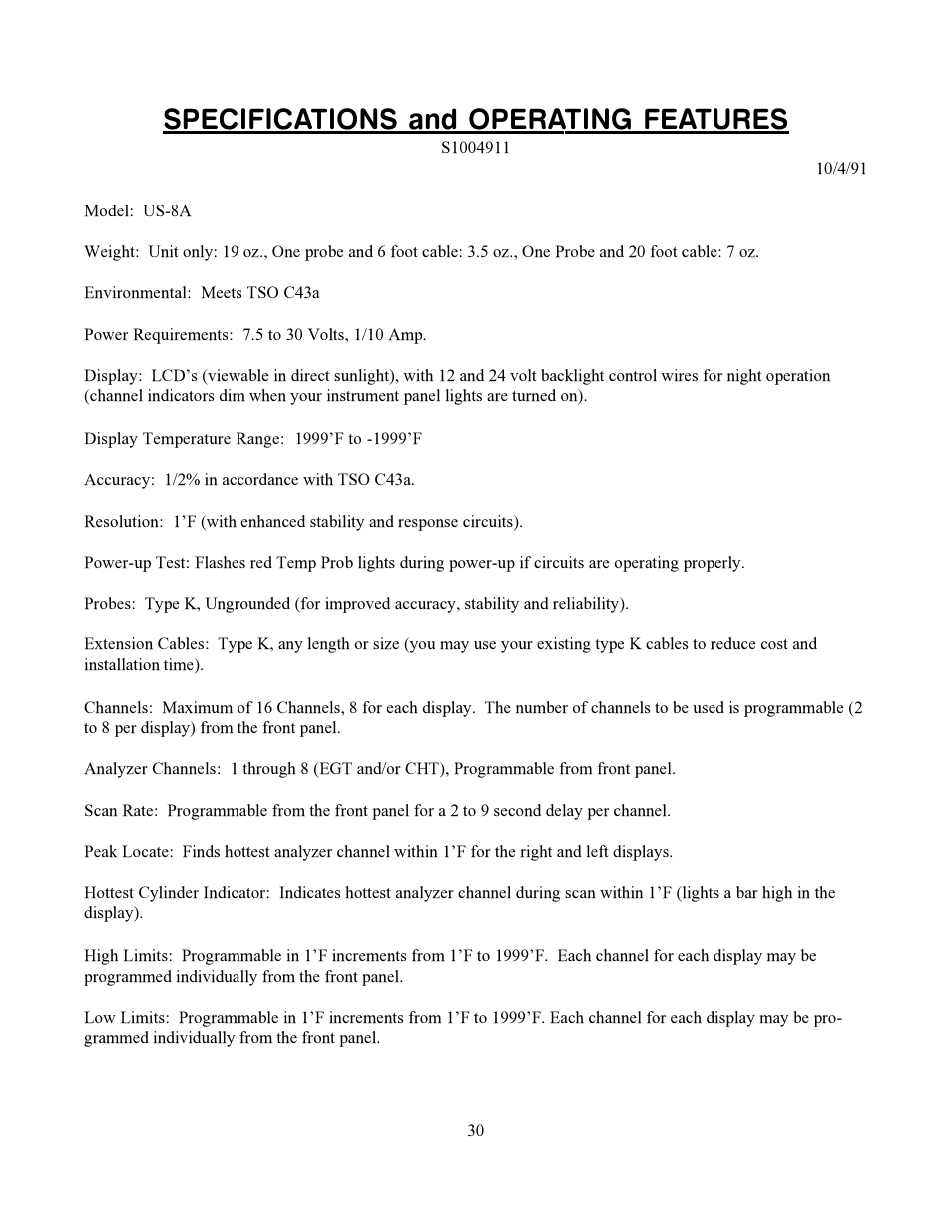 Specifications and operating features | Electronics International US-8A User Manual | Page 34 / 37