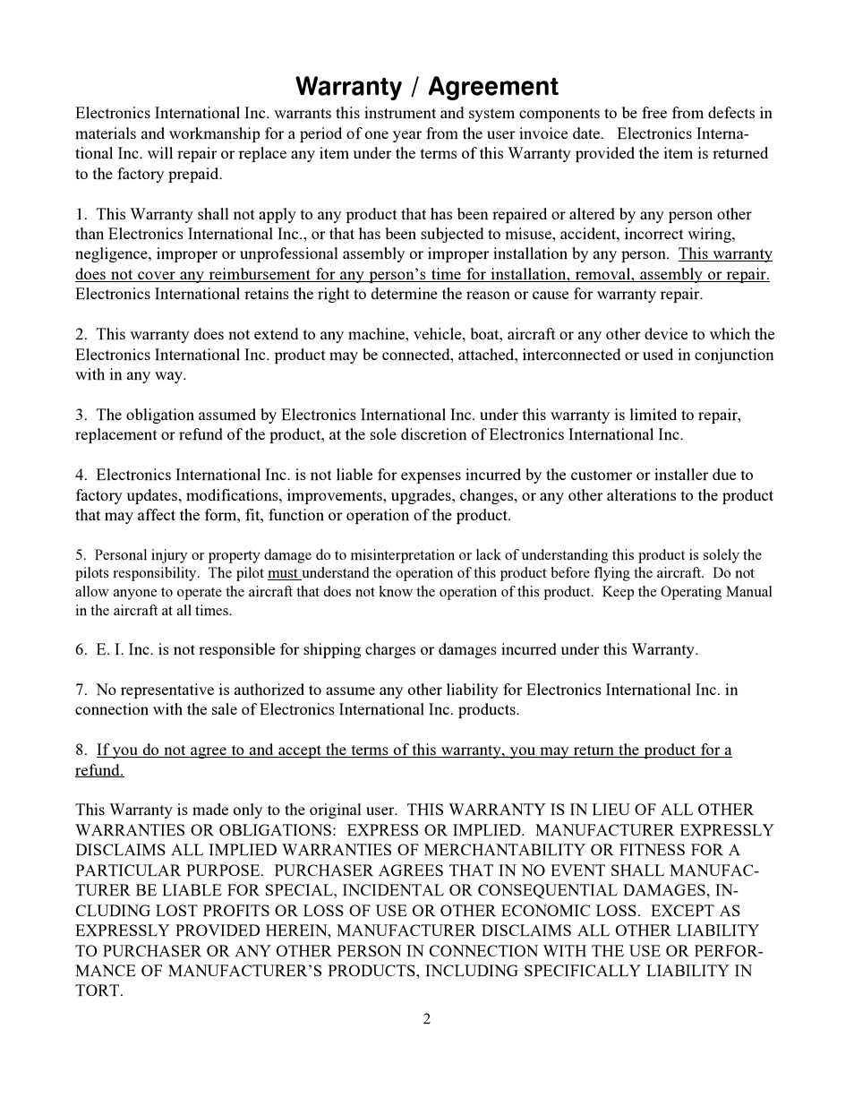 Warranty / agreement | Electronics International US-8A User Manual | Page 5 / 37