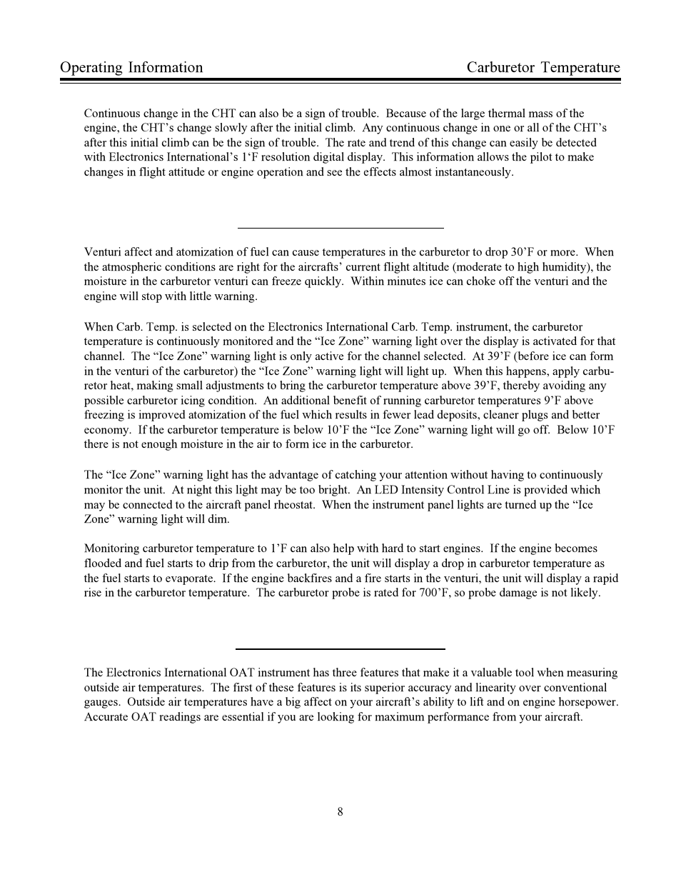 Carburetor temperature, Outside air temperature | Electronics International CA-1 User Manual | Page 11 / 22