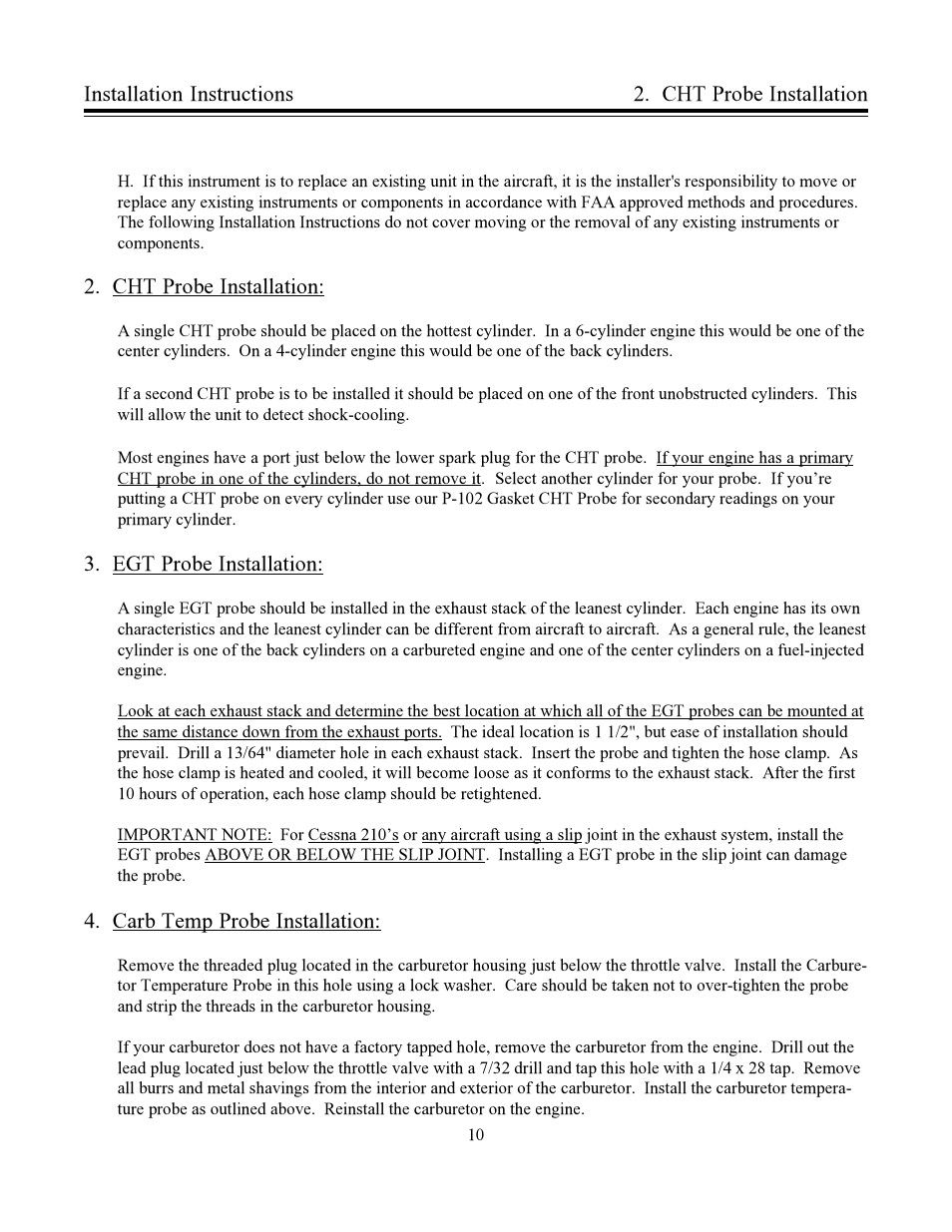 Installation instructions, Cht probe installation, Egt probe installation | Carb temp probe installation | Electronics International CA-1 User Manual | Page 13 / 22