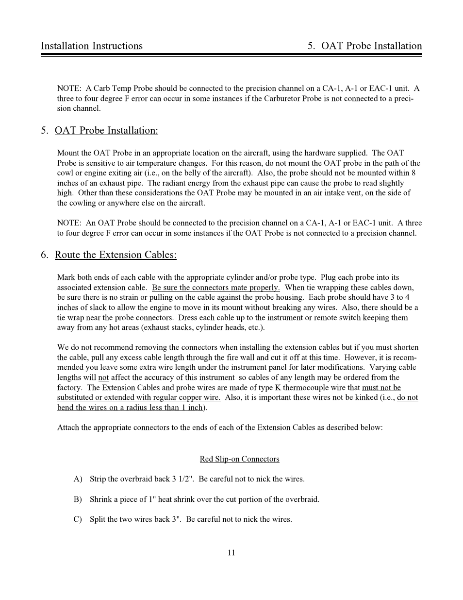Oat probe installation, Route the extension cables, Oat probe installation installation instructions | Electronics International CA-1 User Manual | Page 14 / 22