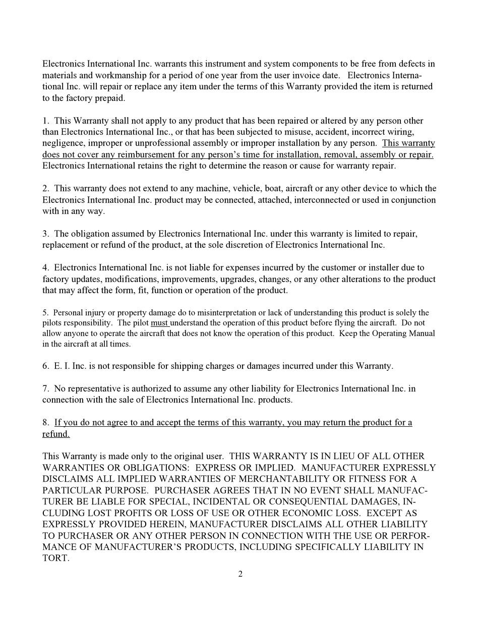 Warranty / agreement | Electronics International CA-1 User Manual | Page 5 / 22