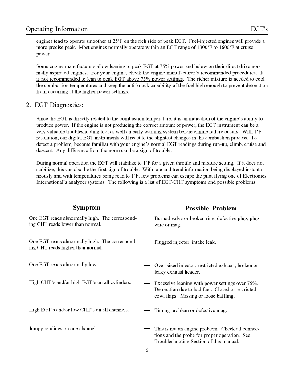 Operating information, Egt's, Egt diagnostics | Symptom possible problem | Electronics International CA-1 User Manual | Page 9 / 22