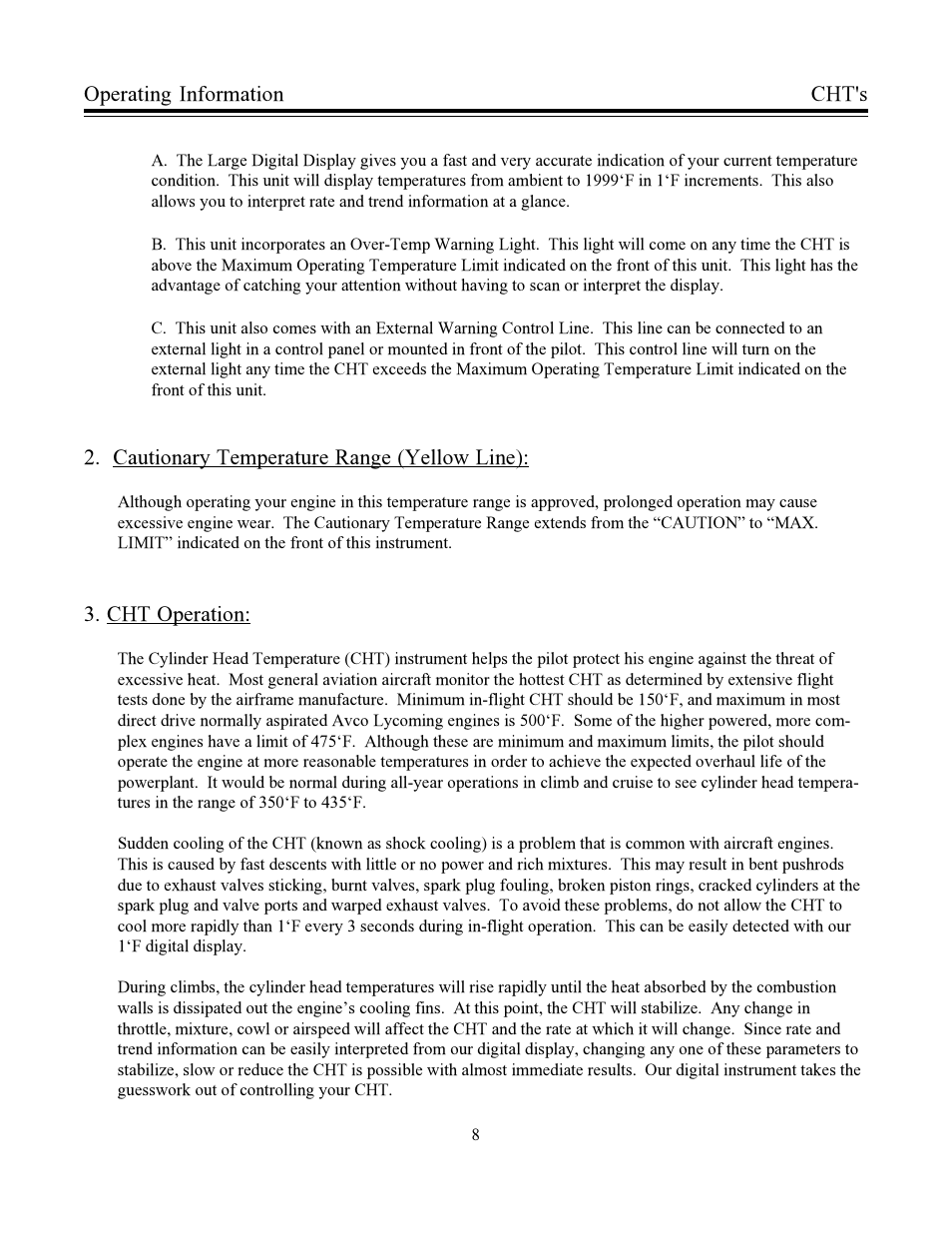 Cht's operating information, Cautionary temperature range (yellow line), Cht operation | Electronics International TC-1P User Manual | Page 11 / 22