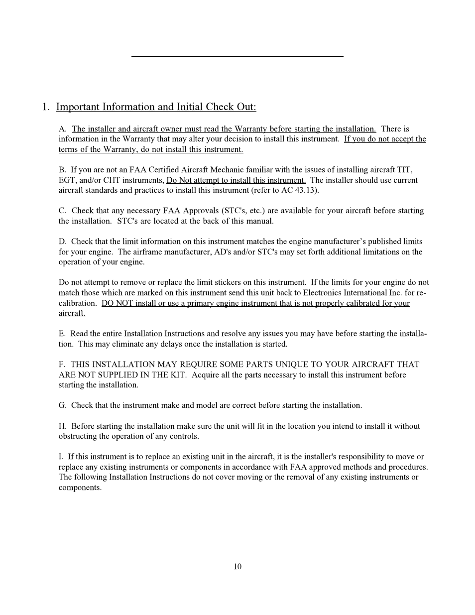 Installation instructions, Important information and initial check out | Electronics International TC-1P User Manual | Page 13 / 22