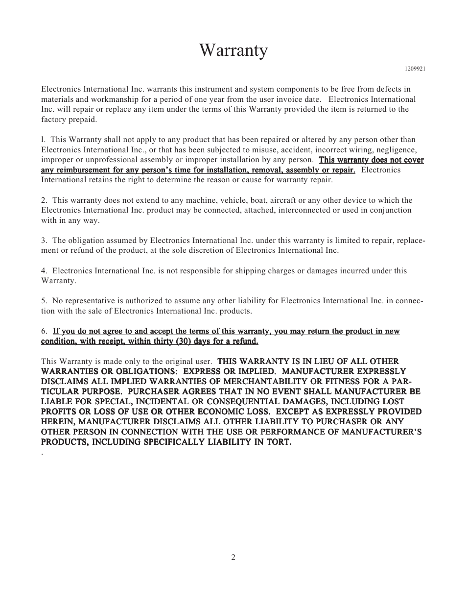 Warranty | Electronics International FL-1 User Manual | Page 4 / 26