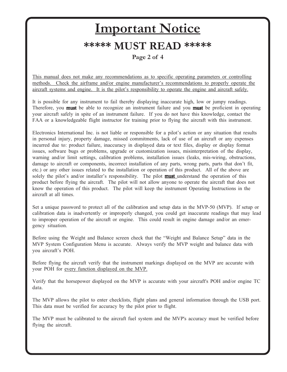 Important notice, Must read | Electronics International MVP-50T User Manual | Page 3 / 77
