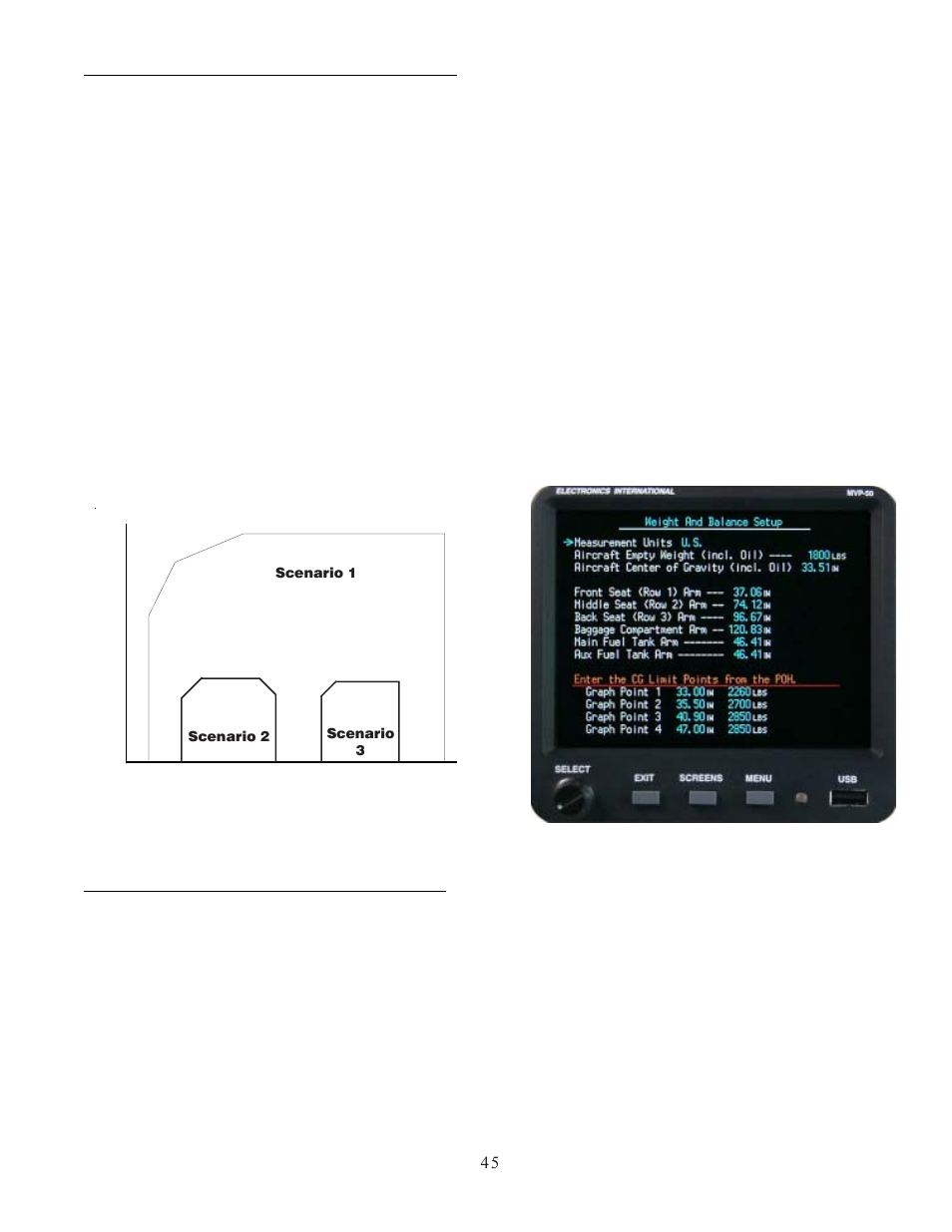 9 “weight & balance setup” screen, 10 “fuel tank calibration” screen | Electronics International MVP-50T User Manual | Page 45 / 77