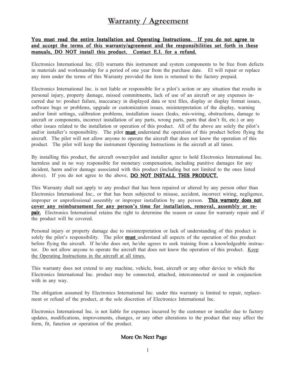 Warranty / agreement | Electronics International MVP-50T User Manual | Page 8 / 77