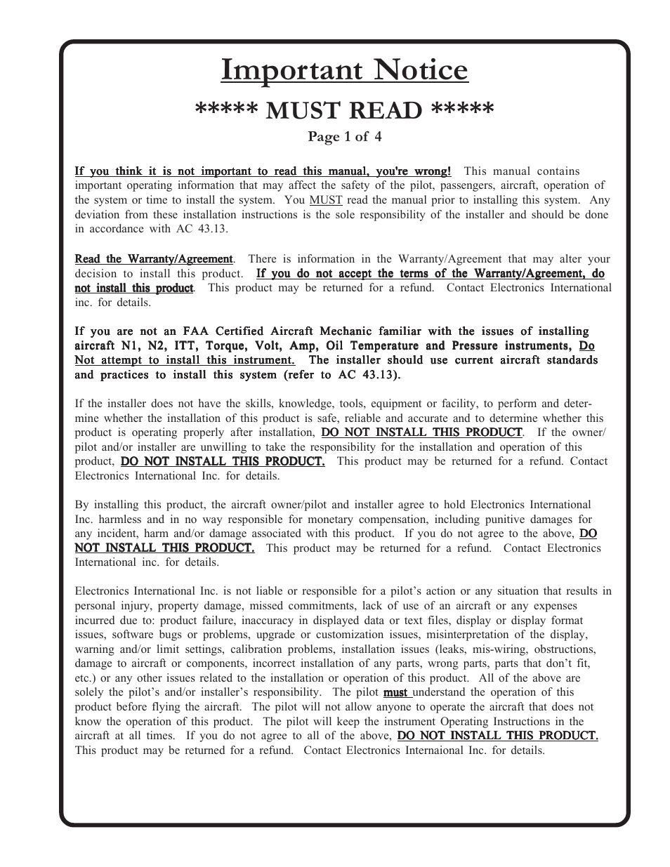 Important notice, Must read | Electronics International MVP-50T User Manual | Page 2 / 79