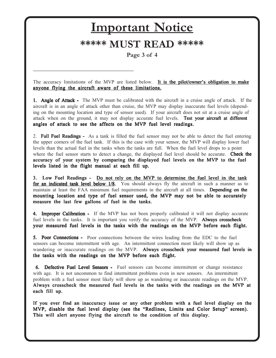 Important notice, Must read, Fuel level accuracy limitations | Page 3 of 4 | Electronics International MVP-50T User Manual | Page 4 / 79