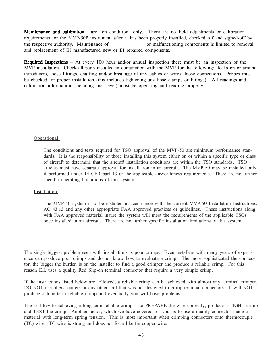 1 instructions for continued airworthiness (ica), 2 airworthiness limitations, 3 working with connectors | Electronics International MVP-50T User Manual | Page 43 / 79