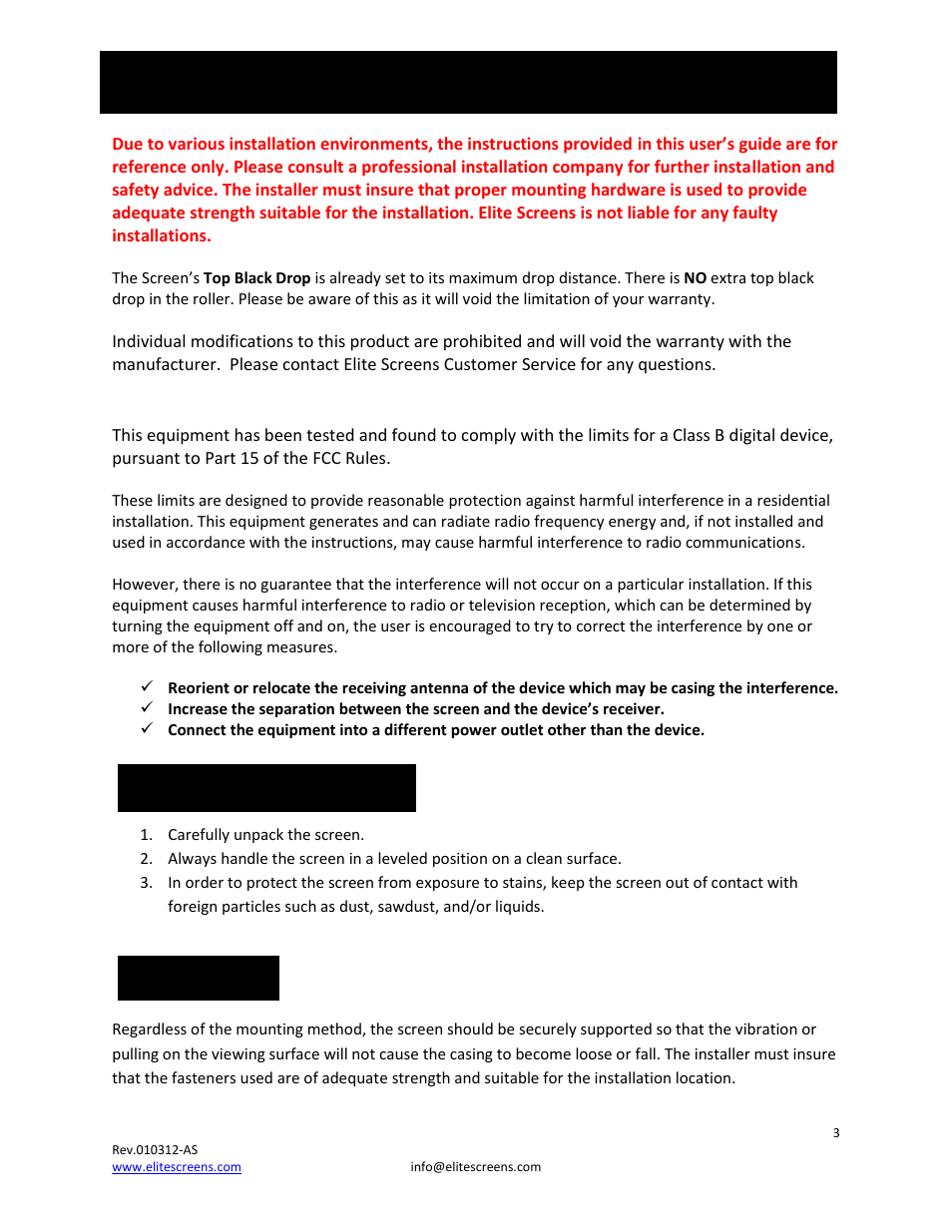 Installation warning | Elite Screens Spectrum Series User Manual | Page 3 / 9