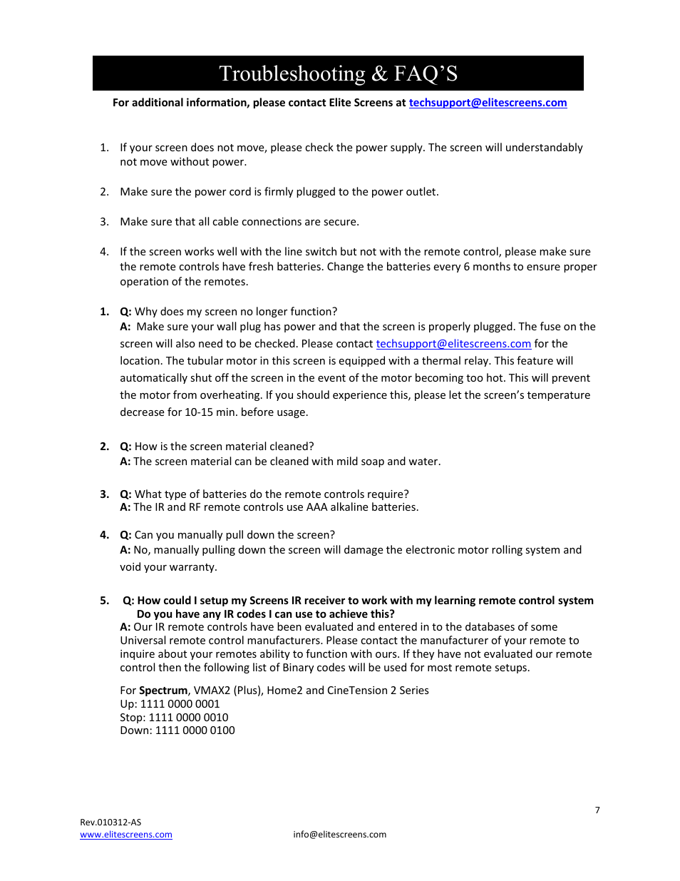 Troubleshooting & faq’s | Elite Screens Spectrum Series User Manual | Page 7 / 9