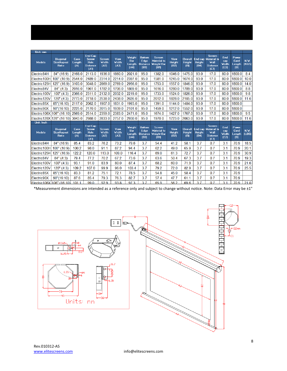 Spectrum series dimension table | Elite Screens Spectrum Series User Manual | Page 8 / 9