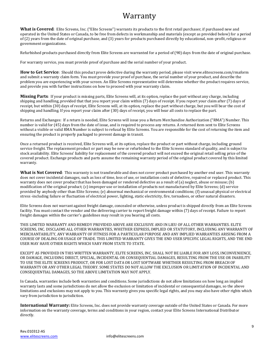 Limited warranty policy | Elite Screens Spectrum Series User Manual | Page 9 / 9