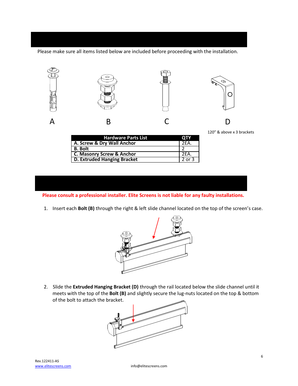 Hardware parts list for cinetension 2 series, Installation instructions, Ab c d | Elite Screens CineTension2 Series User Manual | Page 6 / 10