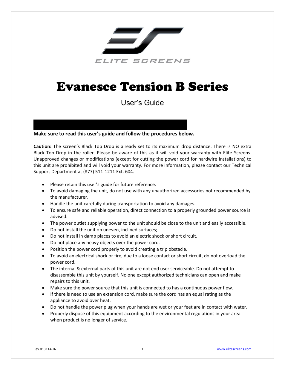 Elite Screens Evanesce Tension B Series User Manual | 9 pages