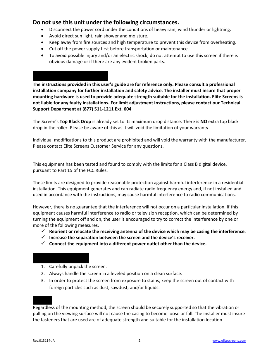 Installation warning, Pre-installation | Elite Screens Evanesce Tension B Series User Manual | Page 2 / 9