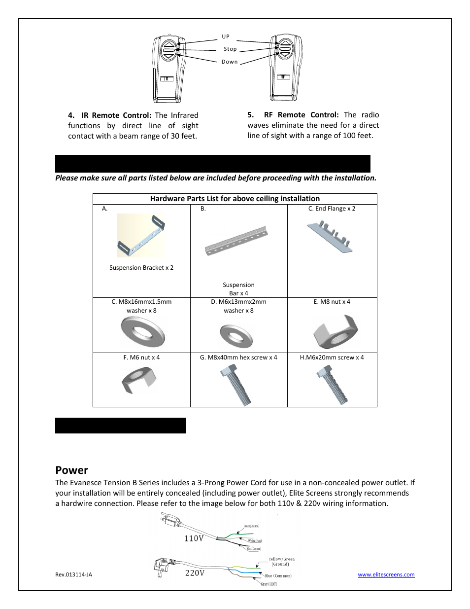 Hardware parts list for evanesce tension b series, Installation instructions, Power | Elite Screens Evanesce Tension B Series User Manual | Page 4 / 9