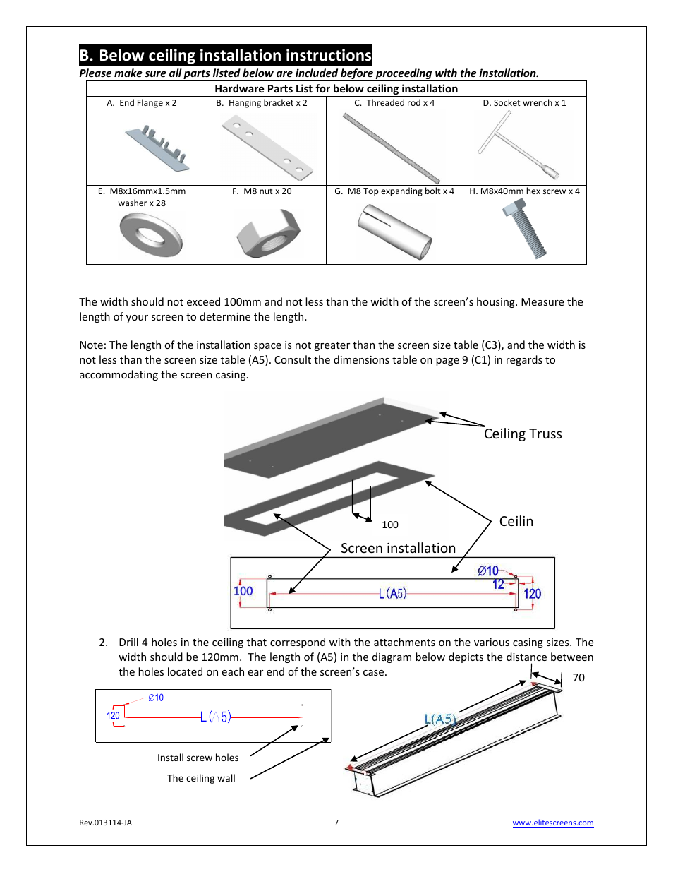B. below ceiling installation instructions | Elite Screens Evanesce Tension B Series User Manual | Page 7 / 9