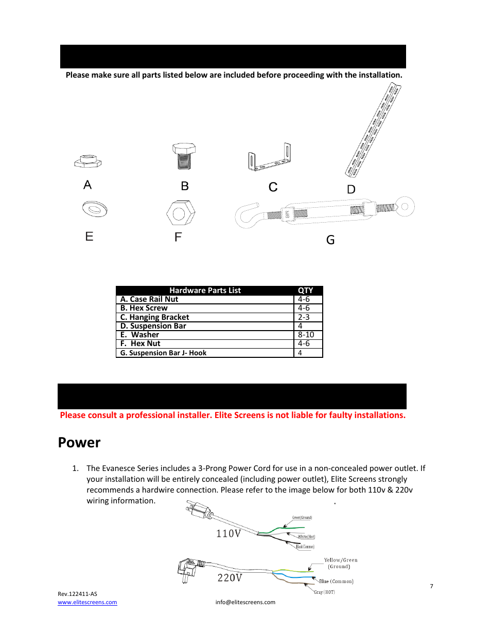 Power, Hardware parts list for evanesce series, Installation instructions | Elite Screens Evanesce Tension (U.S) User Manual | Page 7 / 12