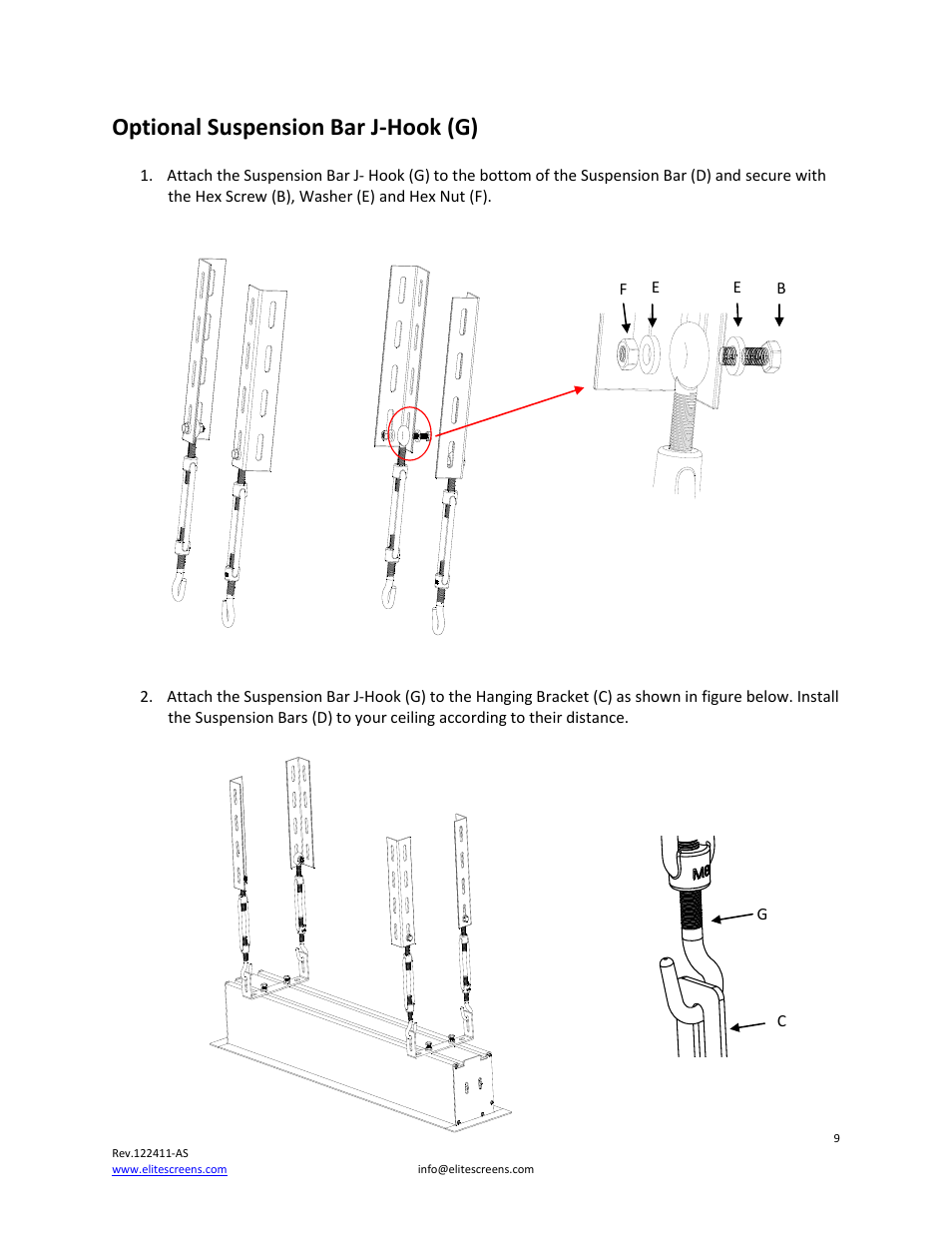 Optional suspension bar j-hook (g) | Elite Screens Evanesce Tension (U.S) User Manual | Page 9 / 12