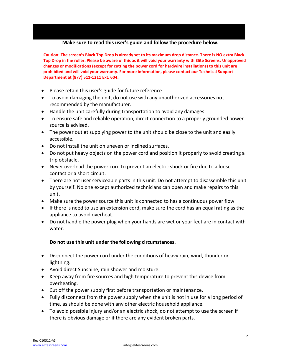 Important safety & warning precautions | Elite Screens VMAX2 Series User Manual | Page 2 / 9