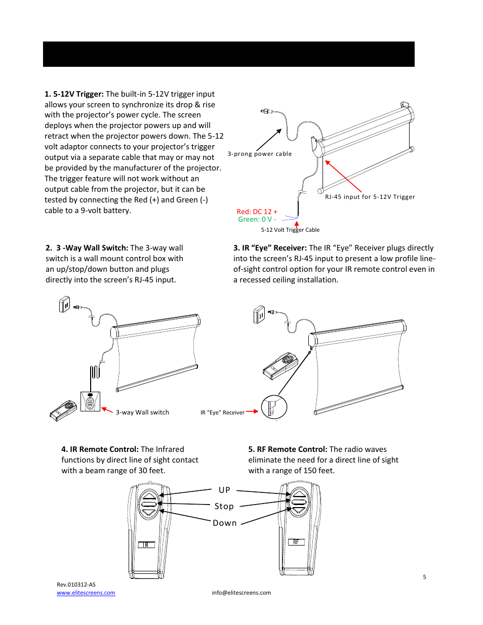 Control system for vmax 2 series, Stop, Down | Elite Screens VMAX2 Series User Manual | Page 5 / 9