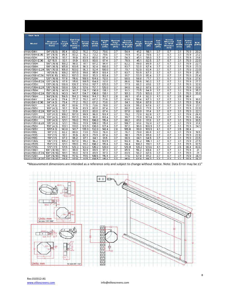 Vmax 2 series dimension table | Elite Screens VMAX2 Series User Manual | Page 8 / 9