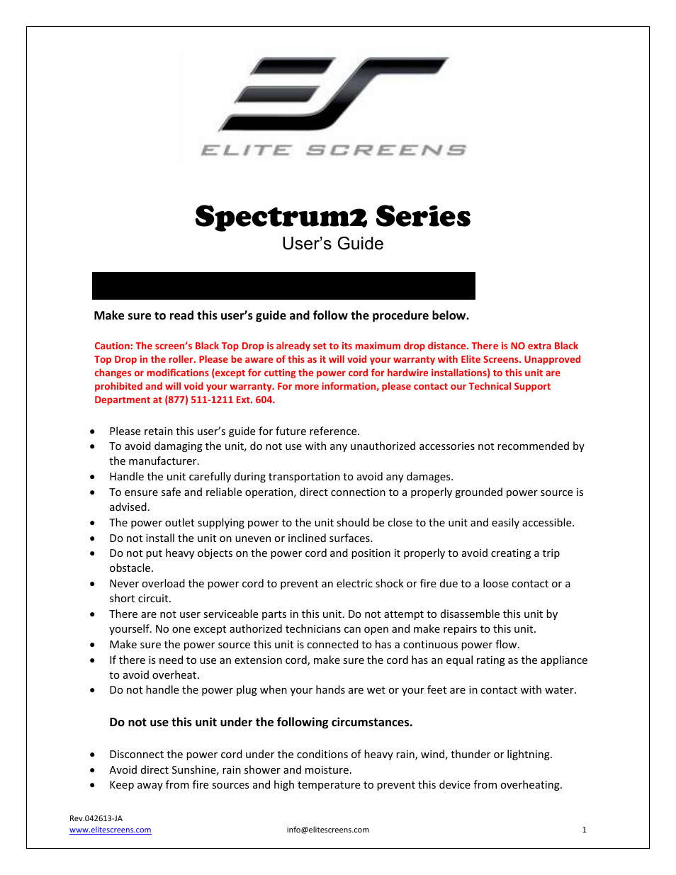 Elite Screens Spectrum2 Series User Manual | 7 pages