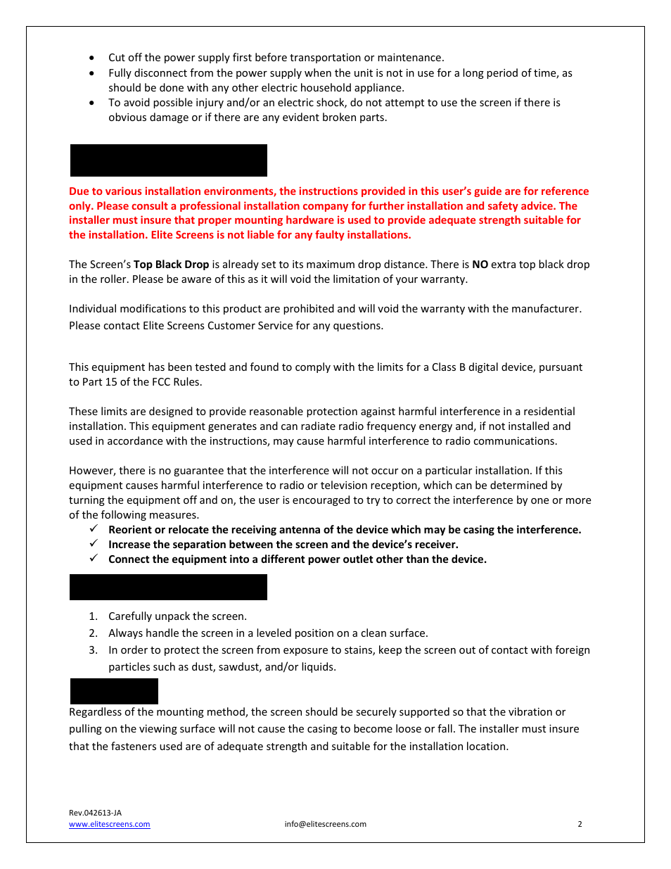 Installation warning | Elite Screens Spectrum2 Series User Manual | Page 2 / 7