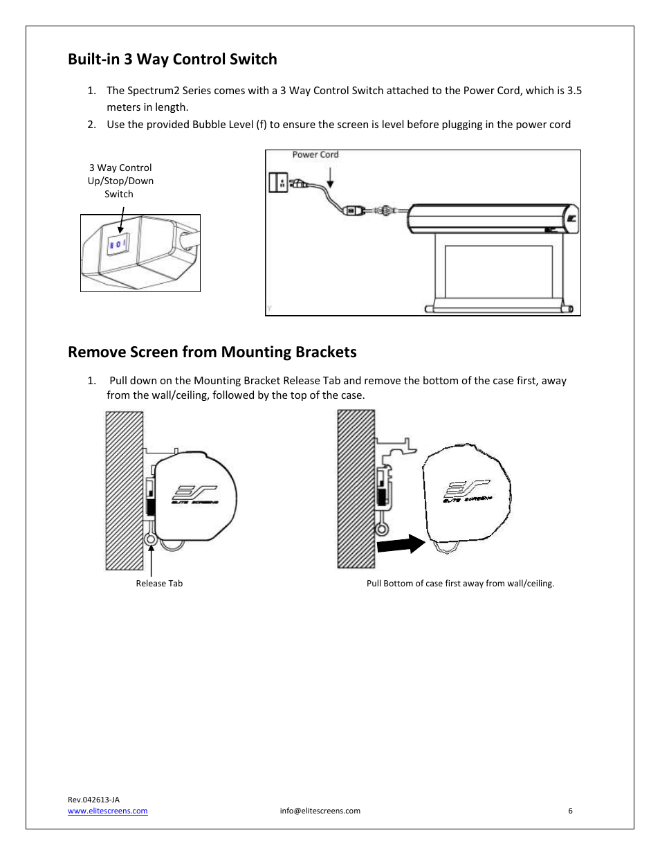 Built-in 3 way control switch, Remove screen from mounting brackets | Elite Screens Spectrum2 Series User Manual | Page 6 / 7