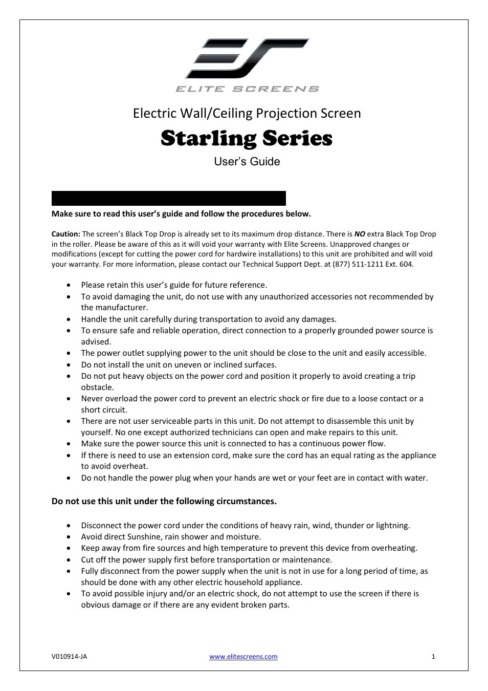 Elite Screens Starling Series User Manual | 4 pages