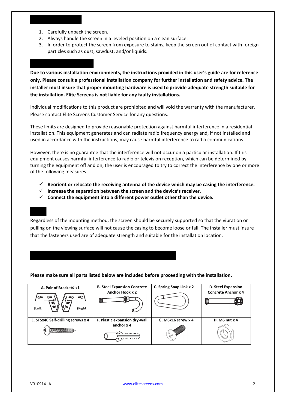 Pre-installation, Installation warning, Hardware parts list for the starling series | Elite Screens Starling Series User Manual | Page 2 / 4