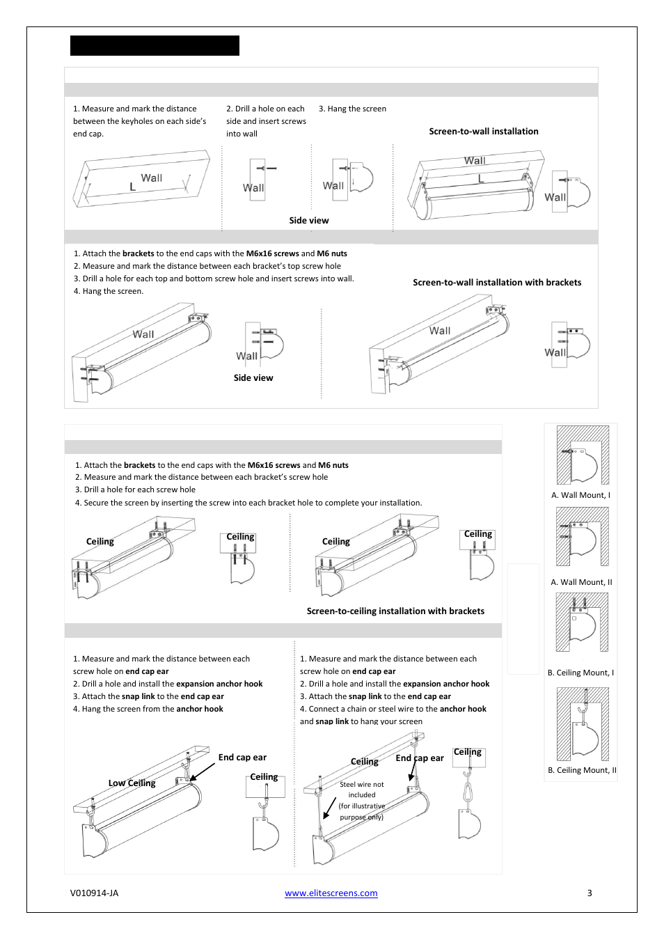 Installation instructions, A. wall mount, B. ceiling mount | C. hid d en m ou n t | Elite Screens Starling Series User Manual | Page 3 / 4