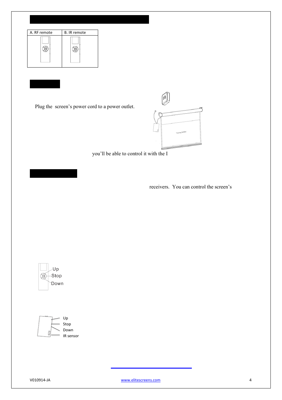 Standard accesories for starling series, Operation, Control system | Elite Screens Starling Series User Manual | Page 4 / 4