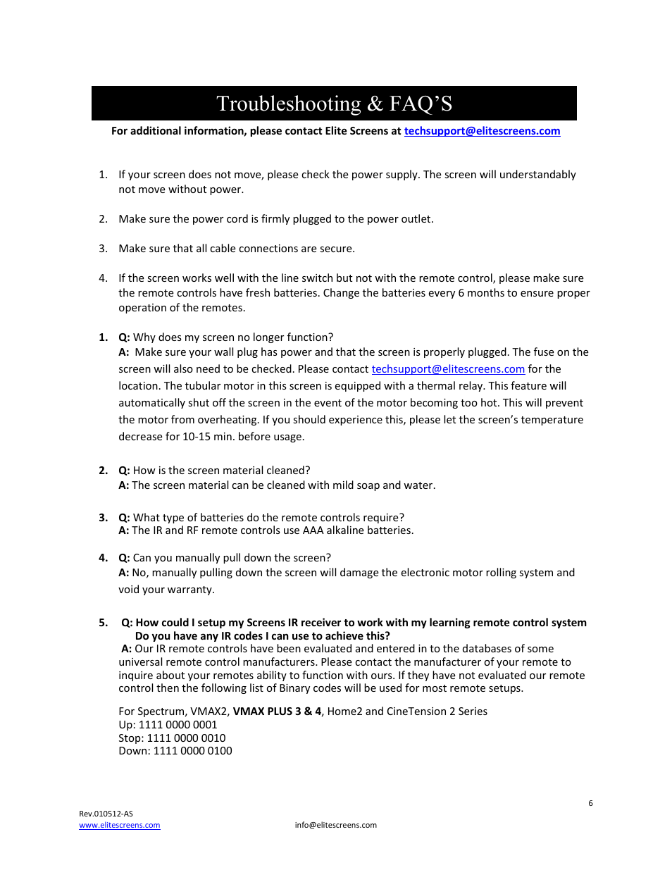 Troubleshooting & faq’s | Elite Screens VMAX Plus Series User Manual | Page 6 / 8