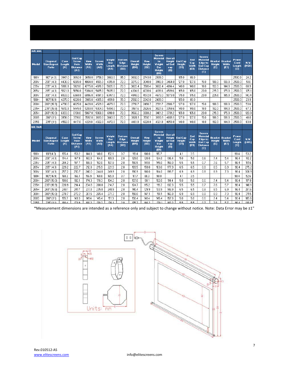 Vmax plus 4 series dimension table | Elite Screens VMAX Plus Series User Manual | Page 7 / 8