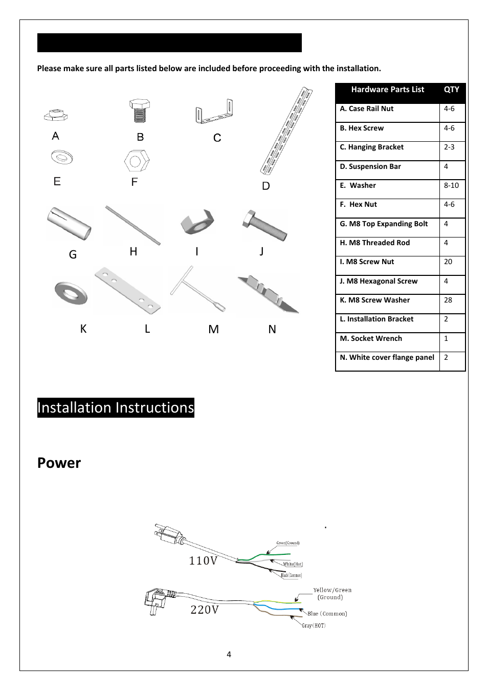 Hardware parts list for evanesce series, Installation instructions, Power | Elite Screens Evanesce Series User Manual | Page 4 / 7