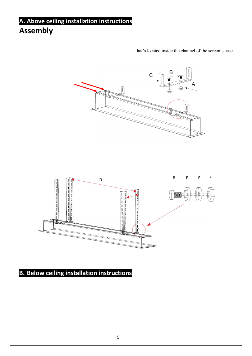 Assembly, A. above ceiling installation instructions, B. below ceiling installation instructions | Elite Screens Evanesce Series User Manual | Page 5 / 7