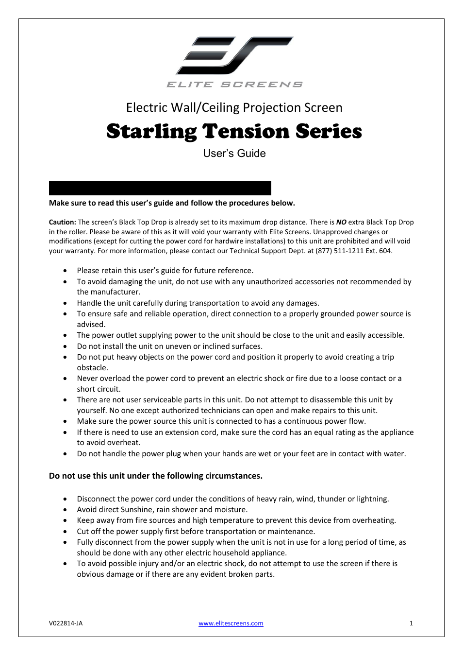 Elite Screens Starling Tension Series User Manual | 5 pages