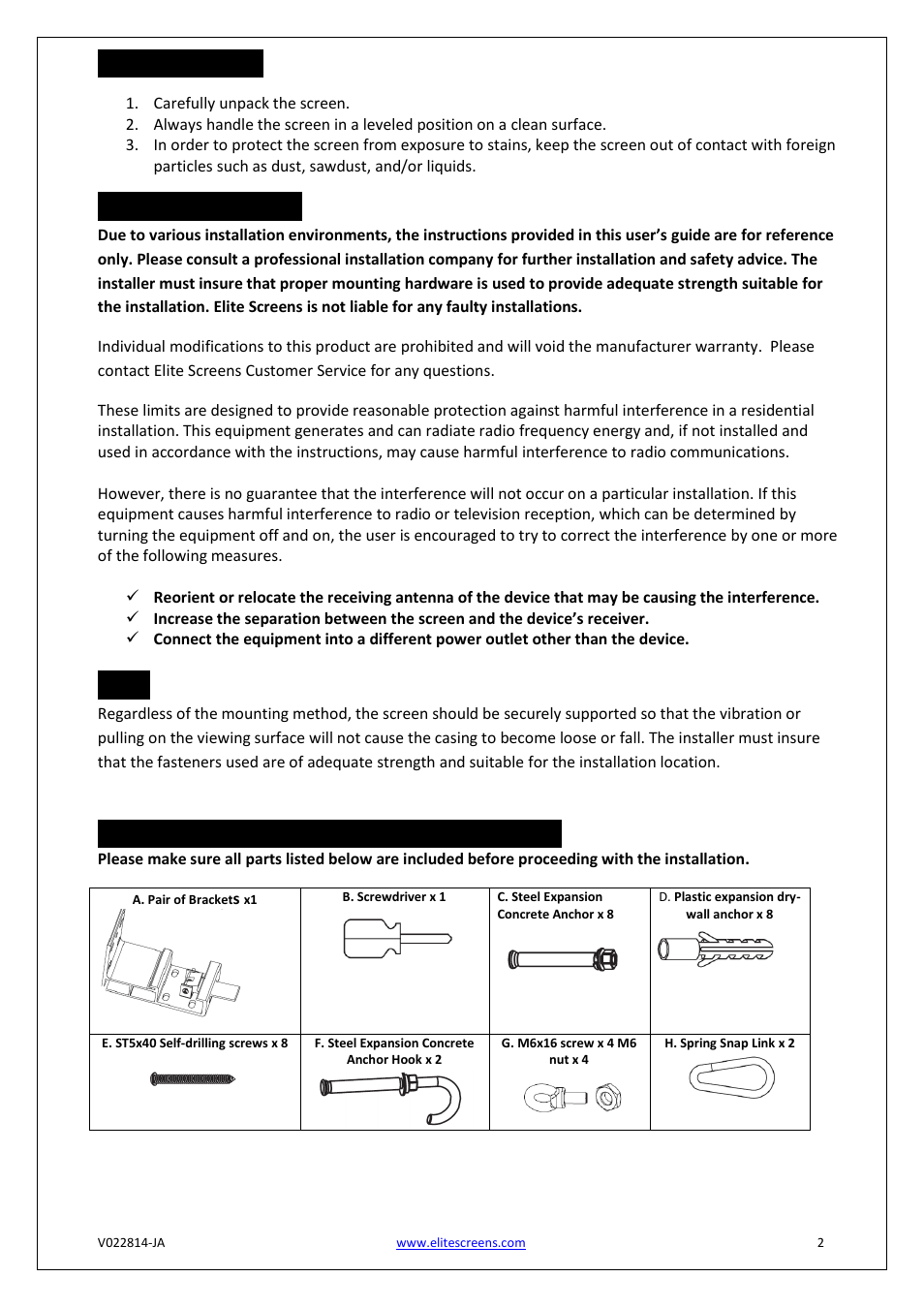 Pre-installation, Installation warning, Hardware parts list for the starling series | Elite Screens Starling Tension Series User Manual | Page 2 / 5