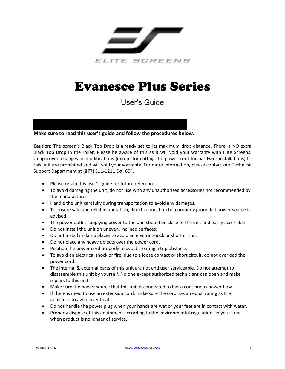 Elite Screens Evanesce Plus Series User Manual | 6 pages